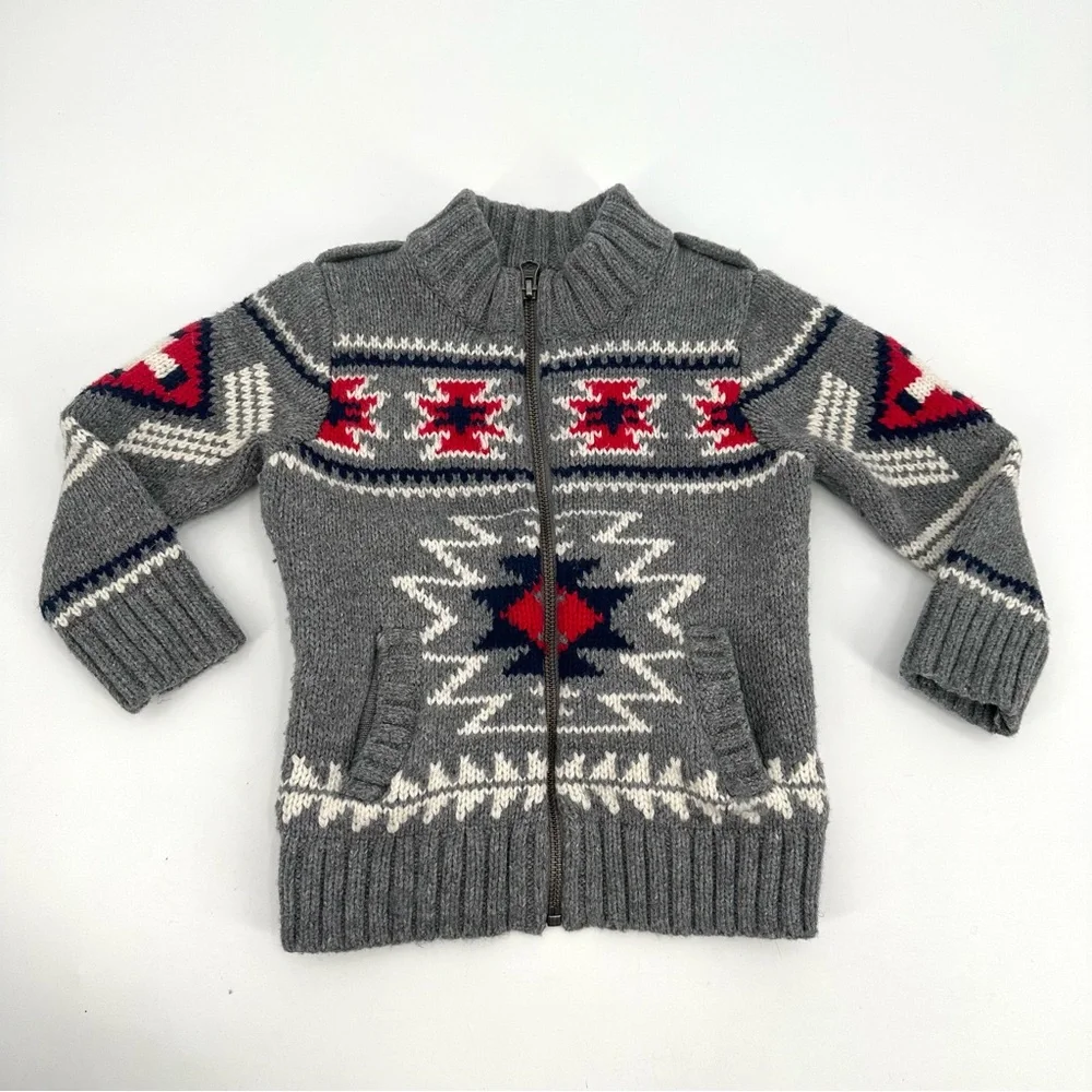 Baby Gap Cardigan Sweater Toddler Boys 2 Full Zip Wool Blend Southwest Gray Knit